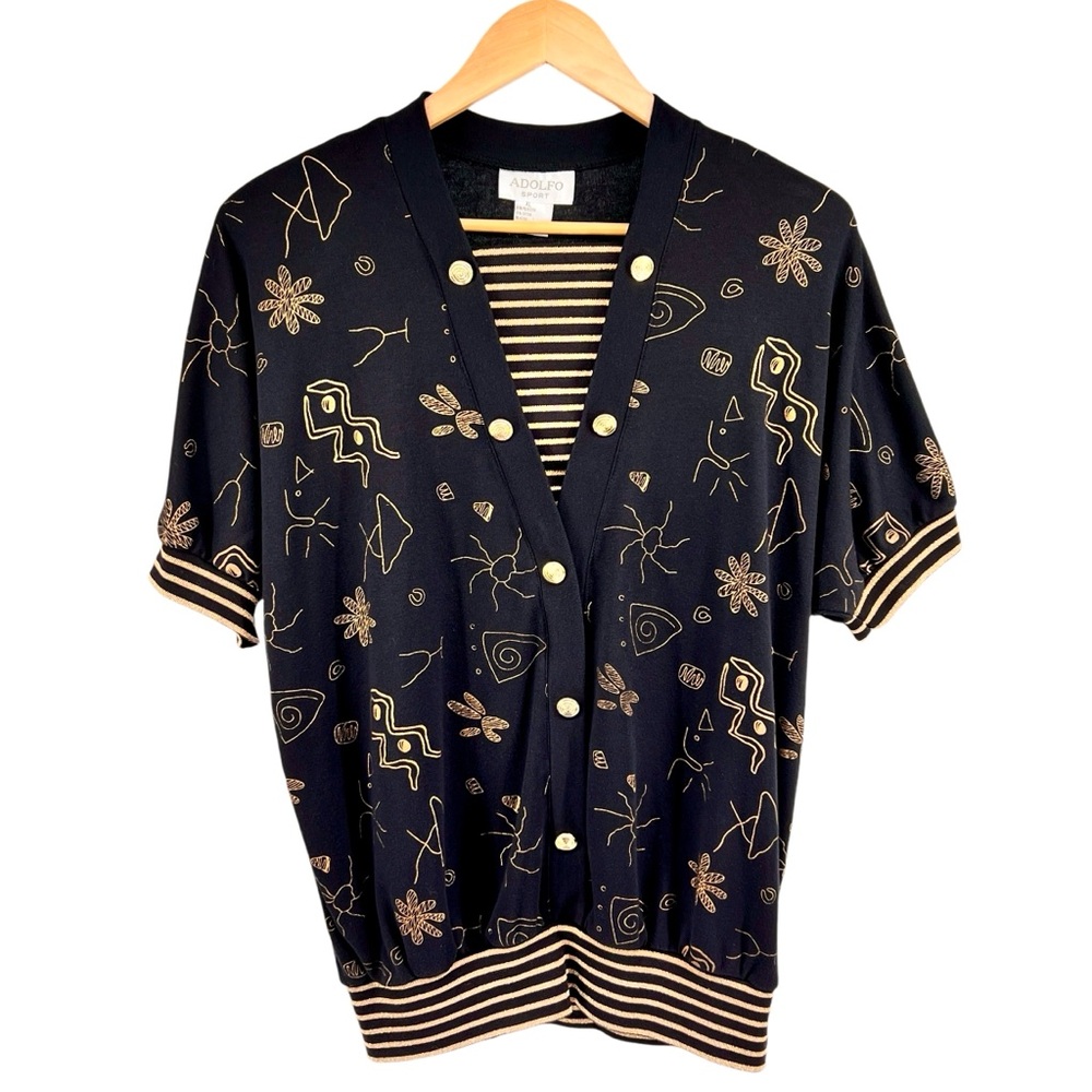 Vintage Adolfo Sport Womens Abstract Print Metallic Gold Top Size XL Black Artsy